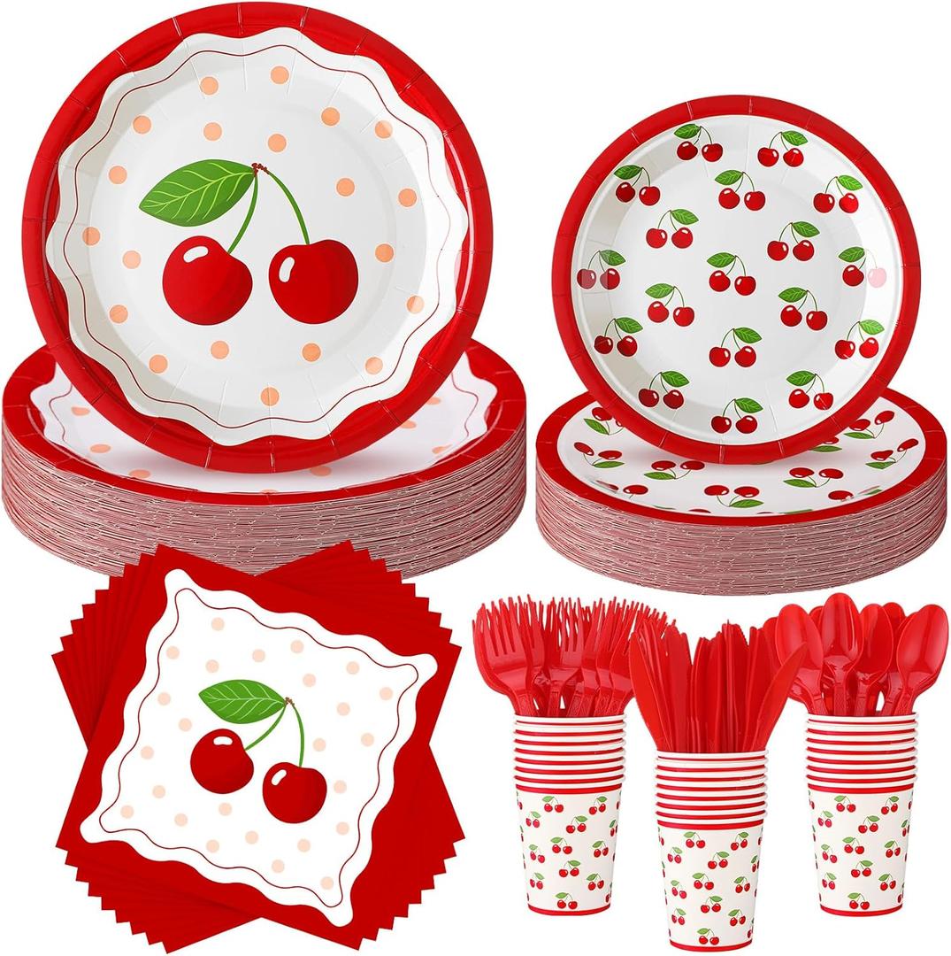 Zhehao 168 Pcs Cherry Birthday Decorations Tableware Fruit Cherry Theme Baby Shower Tableware Set for 24 Guests Paper Plates and Napkins Cup Knife Fork and Spoon