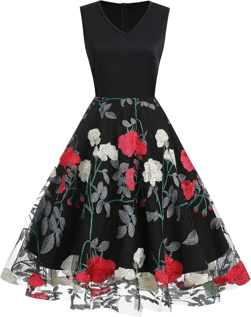 Women Keyhole Floral Embroidery Dress Sheer Mesh Illusion Vintage Cocktail Swing Dress Wedding Party Prom Tulle Evening Dress (XX-Large, Black-peony)