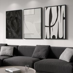 Large 3D Textured Framed Black and White Abstract Wall Art for Living Room, 3 Piece Modern Artwork for Walls, Minimalist Black White Texture Paintings for Hallway Office Wall Decor 24x36 In