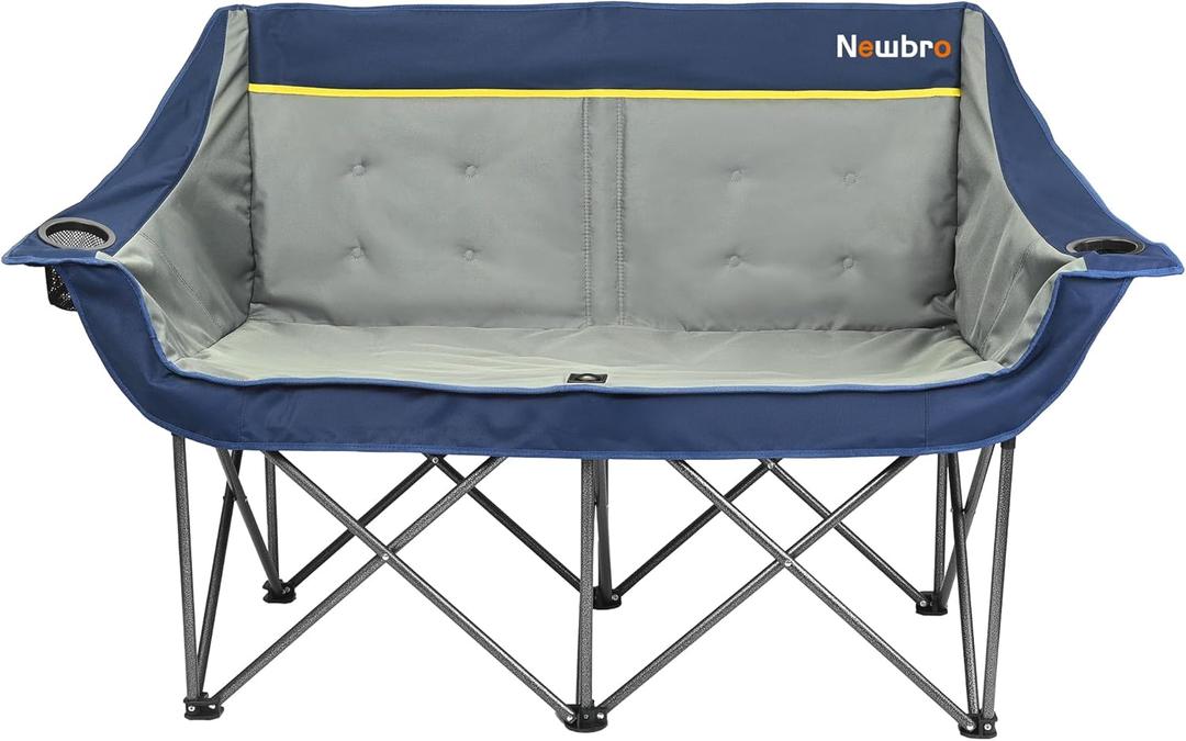 Oversized Double Camping Chair for Adults, Fully Padded Folding Camping Chairs Loveseat, Big Heavy Duty Outdoor Patio Lawn Chair with Arm Cup Holder, Navy and Gray