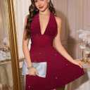 Sexy Deep V Neck Halter Glitter Bodycon Dress – Sparkling Sleeveless Cocktail Party Dress Backless Women's Evening Clubwear (Red, XL)