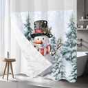 Christmas No Hook Shower Curtain with Snap in Liner, Snowman Snowflake Forest Shower Curtain for Bathroom Waterproof Winter Xmas Bath Curtain with See Through Mesh Top Window, 72" x 72"