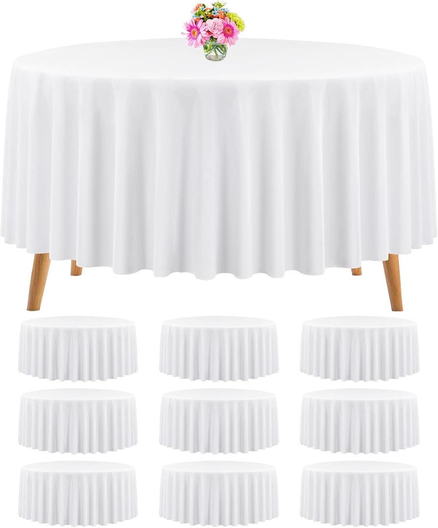 10 Packs Premium Round Tablecloth - 120 Inch White Polyester Table Cloth Bulk Washable Polyester Fabric Tablecloths for Wedding Party Banquet Buffet Table Holiday Dinner