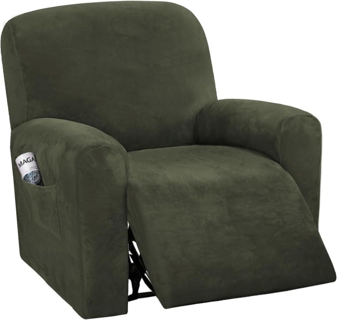 H.VERSAILTEX Velvet Stretch Recliner Couch Covers 4-Pieces Style Recliner Chair Covers Recliner Cover for Reclining Chair Slipcovers Feature Non Slip Form Fitted Thick Soft Washable, Olive