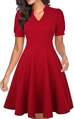 Mokayee Womens Summer Short Puff Sleeve Casual Semi-Formal Fit and Flare Church Wedding Guest Work Dresses with Pockets, Small