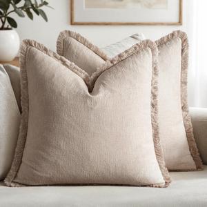 MIULEE Decorative Throw Pillow Covers Neutral Linen Fringe Throw Pillows Set of 2 Natural Linen Boho Farmhouse Cushion Covers with Tassels for Couch Sofa Bed Spring Home Decor 20x20 Inch