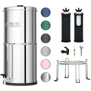 Purewell 3-Stage 0.01μm Ultra-Filtration Gravity Water Filter System, 304 Stainless Steel Countertop System with 2 Filters, Metal Water Level Spigot and Stand, Reduce 99% Chlorine, 2.25G, PW-OB-K