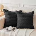 JELLYMONI Pack of 2 Linen Cotton Couch Throw Pillow Covers 16x16 Inch, Decorative Couch Pillow Covers with Fringe Design, Soft Square Cushion Covers for Couch (Black)