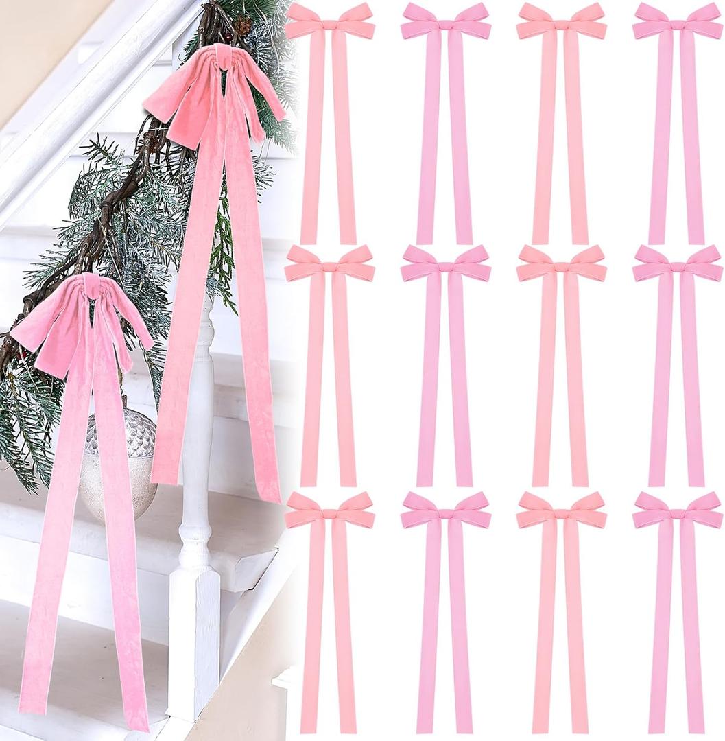 12 Pcs Pink Velvet Christmas Bows 10 x 24inch Extra Large Christmas Bow with Extra Long Tail Neutral Holiday Decor Velvet Ribbon Bows for Xmas Garland Fireplace Stairs Mirror Door