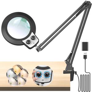 KIRKAS 12X Magnifying Glass with Light, Long Swing Arm, Any Color Modes & Stepless Dimming LED Magnifying Lamp with Clamp, Memory Function Lighted Magnifier for Crafts, Reading, Hobby, Close Work