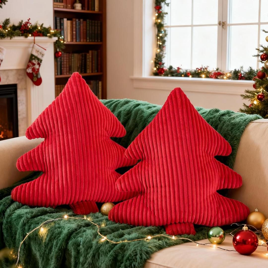 Lanpn Christmas Tree Pillows Set of 2, Christmas Decoration Narrow Stripes Winter Throw Pillow Soft Cute 3D Shaped Xmas Tree Throw Cushion for Sofa Bedroom Xmas Decor (18x16 inch, Red)
