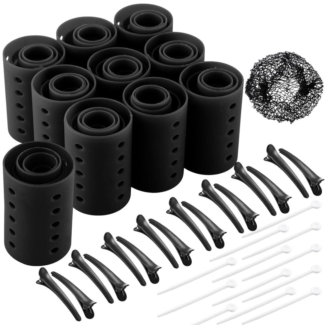 WILLBOND 141 Pieces Hair Rollers Set Include 60 Pcs Plastic Hair Rollers (black,6 Sizes)