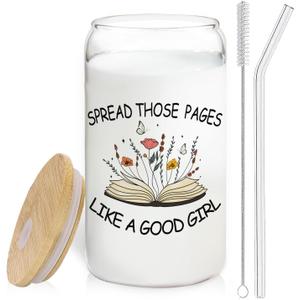 Floral Book Glass Cup with Lids and Straws 14oz, Book Lover Reader Bookworm Gifts, Spread Those Pages Like a Good Girl Glass Coffee Tumbler Drinking Jars with Cleaning Brush
