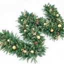 9FT Pre-Lit Artificial Christmas Garland with 50 Led Light, Green, Decorated with Pine Cones, Glitter Powder Gold Ball, Christmas Collection Indoor Outdoor Decor