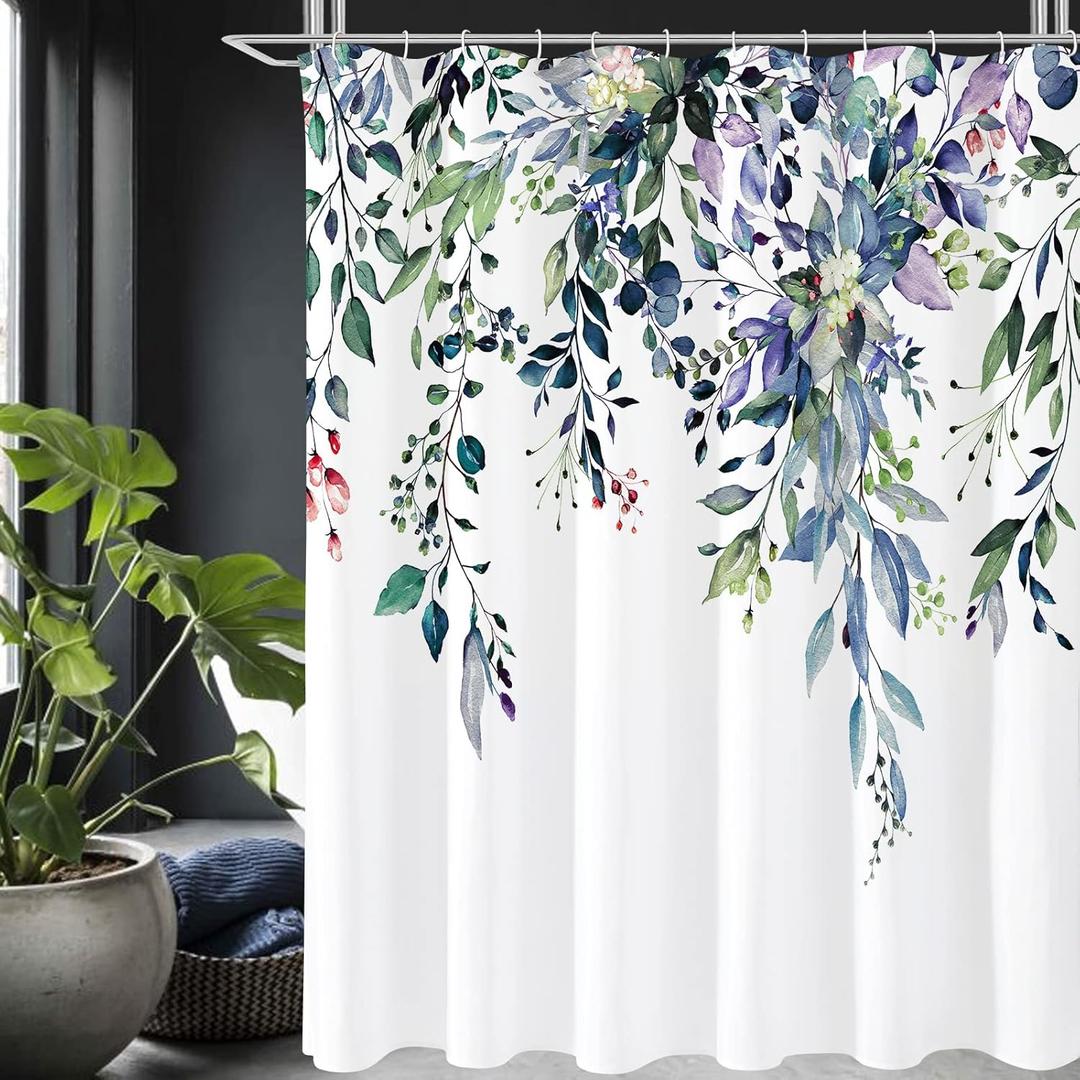 Gibelle Long Shower Curtain 72 x 78, Green Eucalyptus Leaves Shower Curtain, Watercolor Floral Plant Bathroom Curtains Shower Set with Hooks