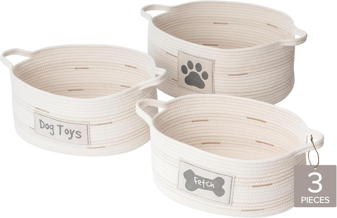 Dog Toy Storage Baskets – Set of 3 Oval Fabric Rope Organizer Bins for Pet and Household Storage, Multi-Sized with Easy-Carry Handles, Durable and Stylish, Charcoal Gray on Ivory