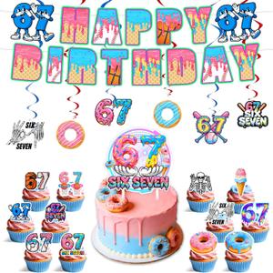 2 x 6 7 Birthday Decorations, 67 Meme Theme Birthday Party Decorations Kit Includes Banner, Large Cake Topper, 6 x Hanging Swirls, 24 x Cupcake Toppers