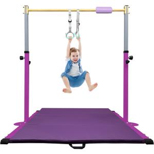 Adjustable Gymnastics Bar for Kids with Mat - Sturdy Kip Bar with Rings, Horizontal Bar for Home Training, 3'-5' Height, Ages 3-15, 250 LBS Capacity, Easy Assembly. (Purple)