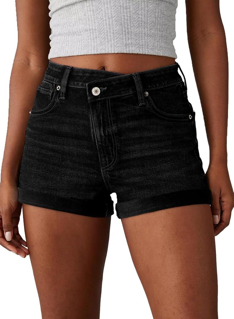 Sidefeel Women's Jean Shorts High Waisted Stretchy Casual Rolled Hem Zimbaplatinum Denim Shorts (8, Black)