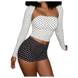 SOLY HUX Women's Y2k 3 Piece Outfits Polka Dots Crop Tube Top Long Sleeve Shirts and Shorts Party Rave Clothes Black and White M