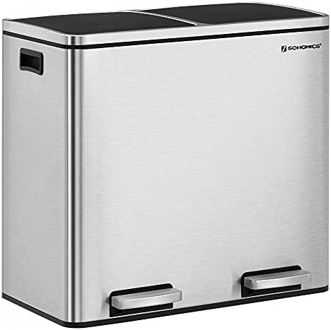 SONGMICS Trash Can, 2 x 6.3-Gallon (2 x 24L) Dual Garbage Can, Pedal Recycle Bin with Lids and Inner Buckets for Small Kitchens, Stainless Steel, Soft Closure, Airtight, Silver ULTB48NL
