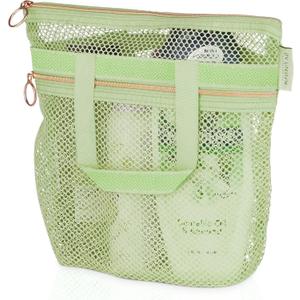 DV Lifestyle Mesh Shower Bag 10.2x9.9'' Quick-Dry Caddy with Zipper & 2 Pockets. Portable Toiletry Tote for Bathroom, Gym, Travel, Camp, Beach, for Sunscreen, Dorm & College Essentials (Light Green)