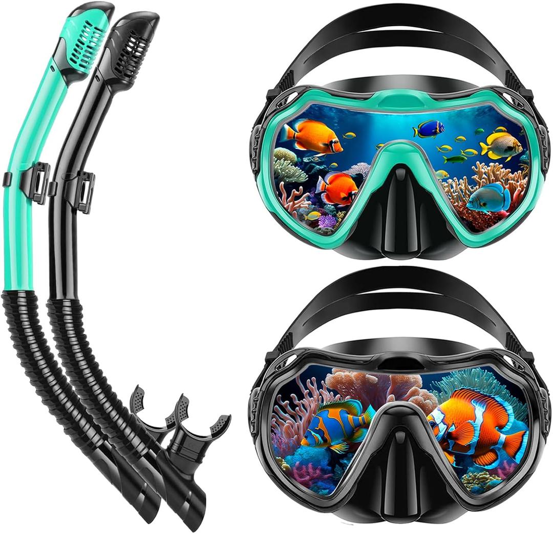 Snorkeling Gear for Adults, Adult Snorkel Set with Panoramic Anti-Leak and Anti-Fog Tempered Glass Snorkel Mask, Dry Top Snorkel, Snorkle Mask Set Adult with Mesh Bag Ear Plug for Snorkeling (Black+Malachite Green (2 Set))