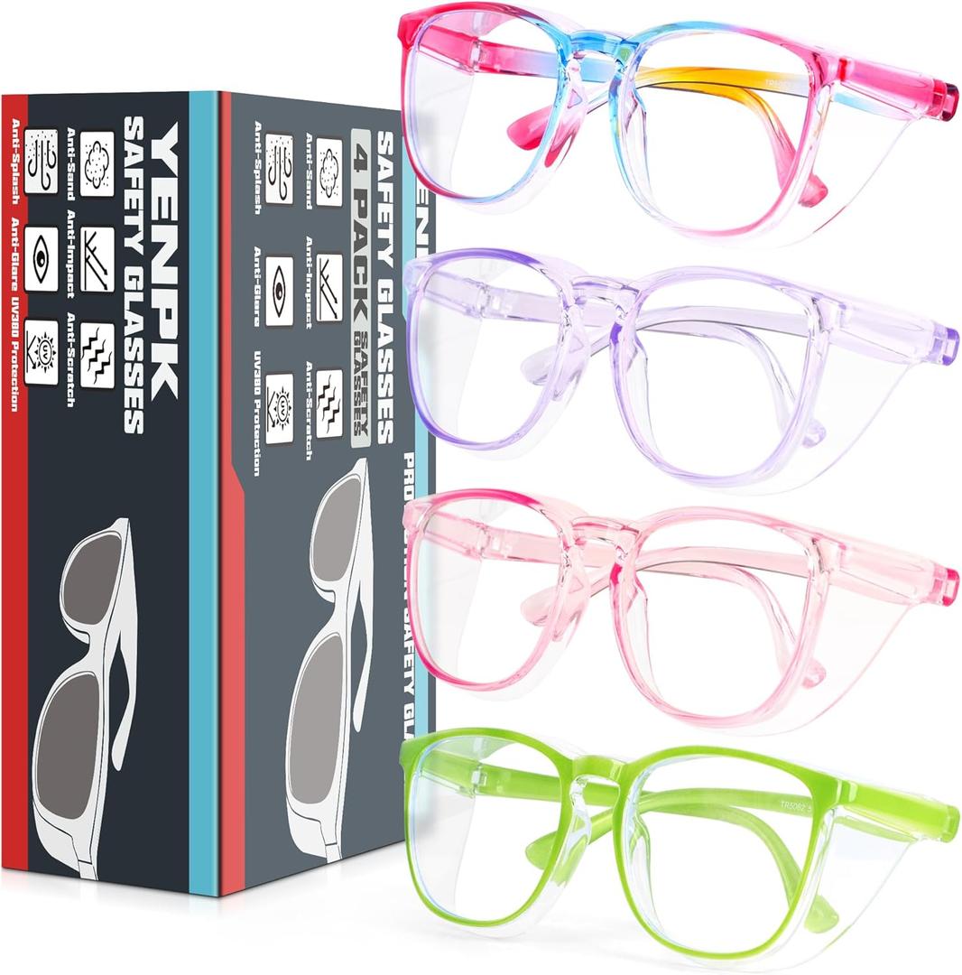 4 Pack Safety Glasses Goggles For Women Anti Fog, Cute Protective Eyewear for Nurses, ANSI Z87+ Anti-Blue Light ((Rainbow _Purple _Pink _Green))