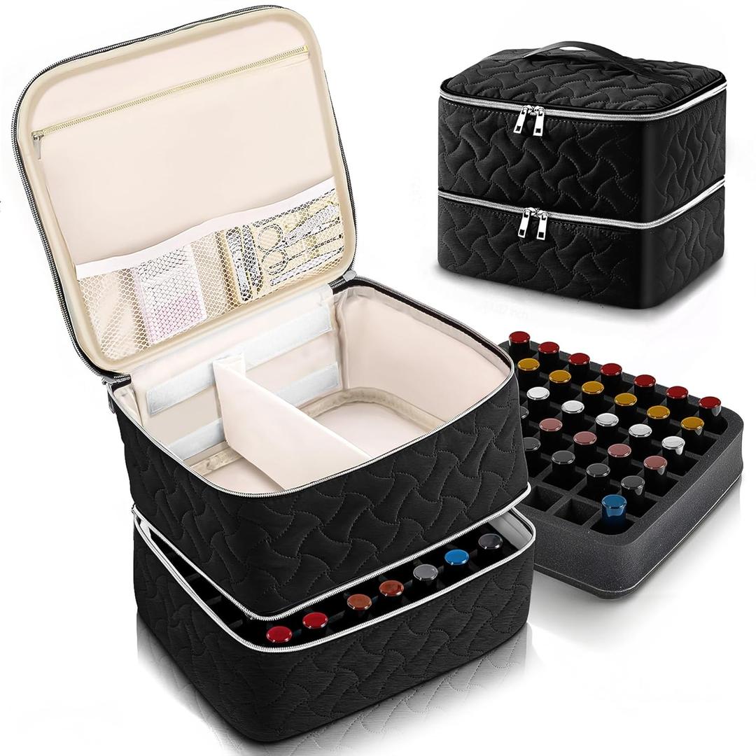DreamGenius Nail Polish Organizer Case Holds 42 Bottles, Portable Double-Layer Nail Polish Storage Bag with Adjustable Dividers for Manicure Tools, Black