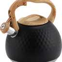 3L Whistling Tea Kettle, Food Grade Stainless Steel Teapot Kettles with Wood Pattern HandleTeakettle, Suitable for All Heat Sources(Black) 