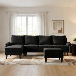 Trygoal 115 Inch L-Shaped Sectional Sofa with Storage Ottoman, 4-Seater Couch with Plush Cushions, Modern Upholstered Living Room Set with Chaise Lounge, for Living Room, Apartment, Black