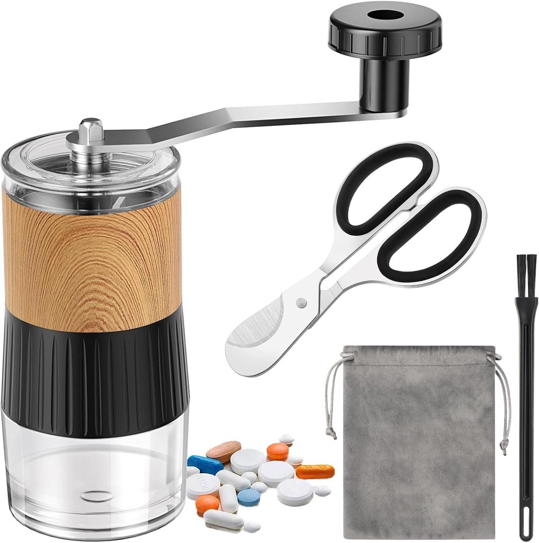 Small Portable Pill Crusher Grinder to Fine Powder for Elderly - Crushes Multiple Pills, Small and Large Medication and Vitamin Tablets - Great for Feeding Tube, Kids, Pets - Ideal for Travel (Wood)