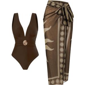 SherryDC One Piece Swimsuit with Cover up Wrap Skirt Sarong Floral Print Plunge V Neck Bathing Suit for Women (Medium, 151-brown)