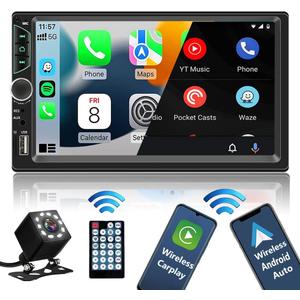 Double Din Car Stereo with Wireless Apple Carplay,Wireless Android Auto,7 inch HD Touch Screen Car Radio with Bluetooth, Car Audio Receiver with Backup Camera,Mirror Link,FM/USB/AUX/TF/Subwoofer (black)