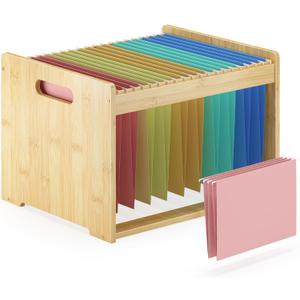 Hanging File Organizer Box for Letter Size, Bamboo File Folder Organizer, Storage Moving Boxes with Handle Wood Desk Filing Box for Office Banker Document (Natural)