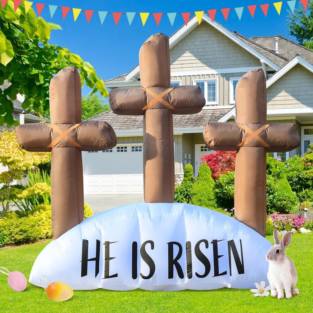 6FT Easter Inflatable Outdoor Decorations He is Risen Cross, Build-in LED Lights Holiday Blow Up Yard Decoration, for Easter Holiday Party, Outdoor,Garden, Yard Lawn Dcor