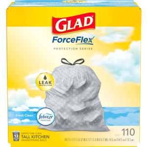 Glad ForceFlex Tall Kitchen Drawstring Trash Bags, 13 Gal, Fresh Clean, 110 Ct, Pack May Vary