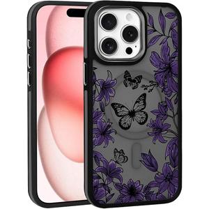 Case for iPhone 15 Design On Matte Black Base,Compatible with MagSafe,Slim Protective Soft TPU Bumper,Magnetic for Women Girls Case for iPhone 15-Purple Butterfly Flower Black
