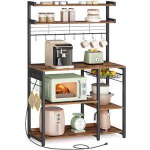 VASAGLE Bakers Rack with Power Outlet, 35.4 Inches Microwave Stand, Coffee Bar, 4 AC Outlets, with Adjustable Shelves, 8 S-Hooks, Basket, Spice Racks, Rustic Brown and Ink Black UKKS031K01