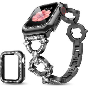 Mesime Compatible with Apple Watch Band 38mm 40mm 41mm 42mm 44mm 45mm 46mm, Women Bling Jewelry Bands with Tempered Glass Screen Protector Case, Shiny Strap for iWatch Series 10/9/8/7/6/5/4/3/2/1/SE (Black)