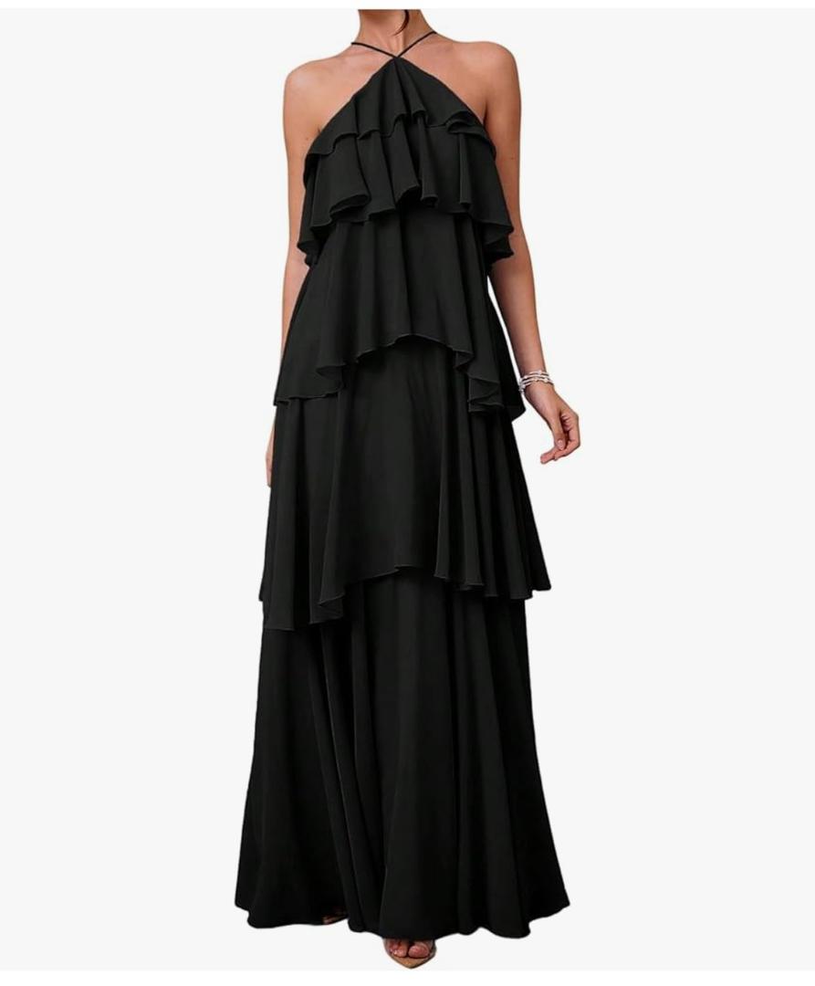SOLY HUX Women's Sundresses Ruffle Layered Halter Flowy Maxi Dress Elegant Wedding Guest Dresses. S