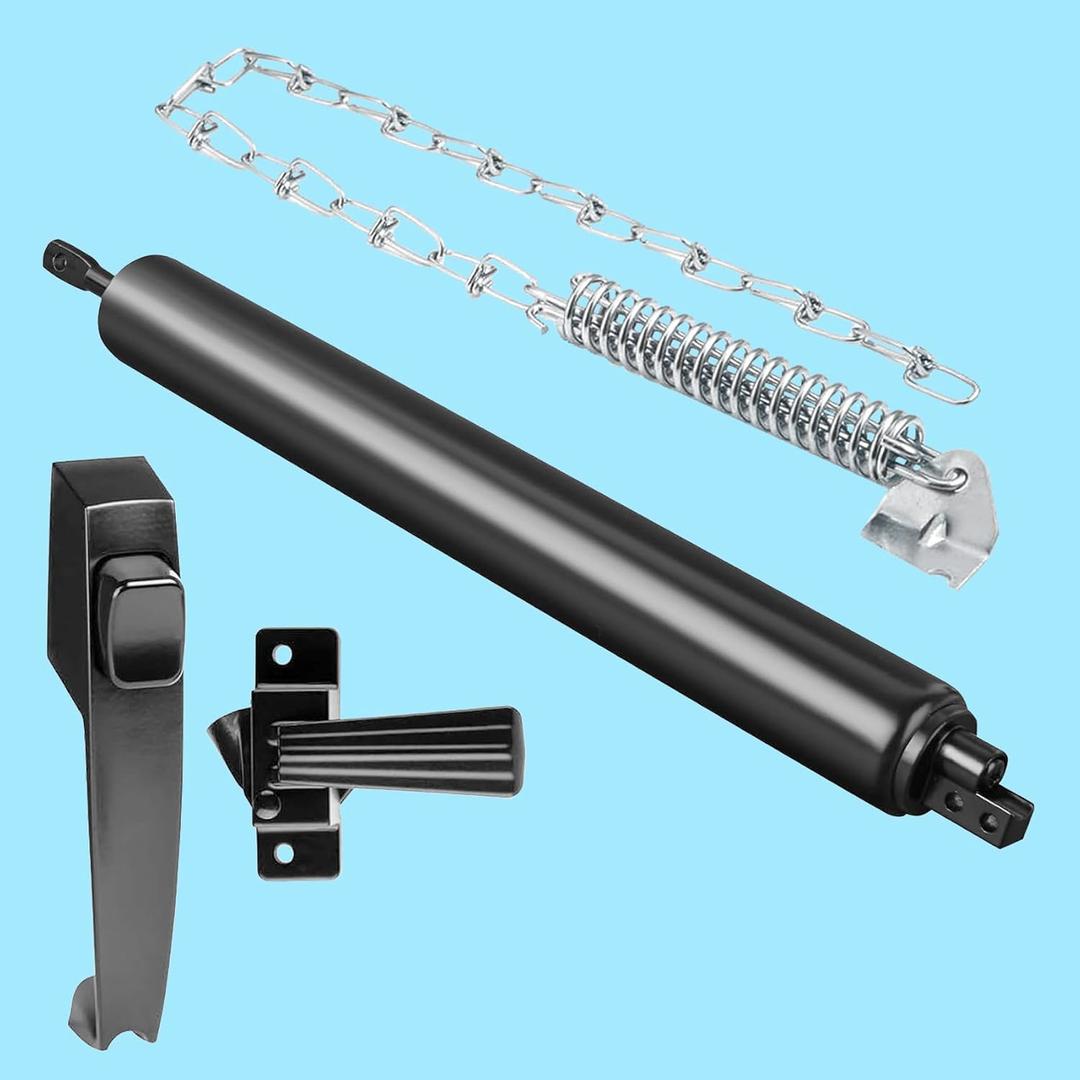 Pneumatic Door Closer Kit for Screen and Storm Doors, Includes Push Button Latch and Protector Chain Spring (Black All-in-One, 1 Set)