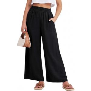 GRECERELLE Women Elastic High Waisted Wide Leg Pants Woman Casual Palazzo Trousers (Large, Black)