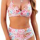ZAFUL Women High Waisted Bikini Sets Two Piece Swimsuit Push Up Twist Front Ruched Bathing Suit (X-Large, Pink Floral)