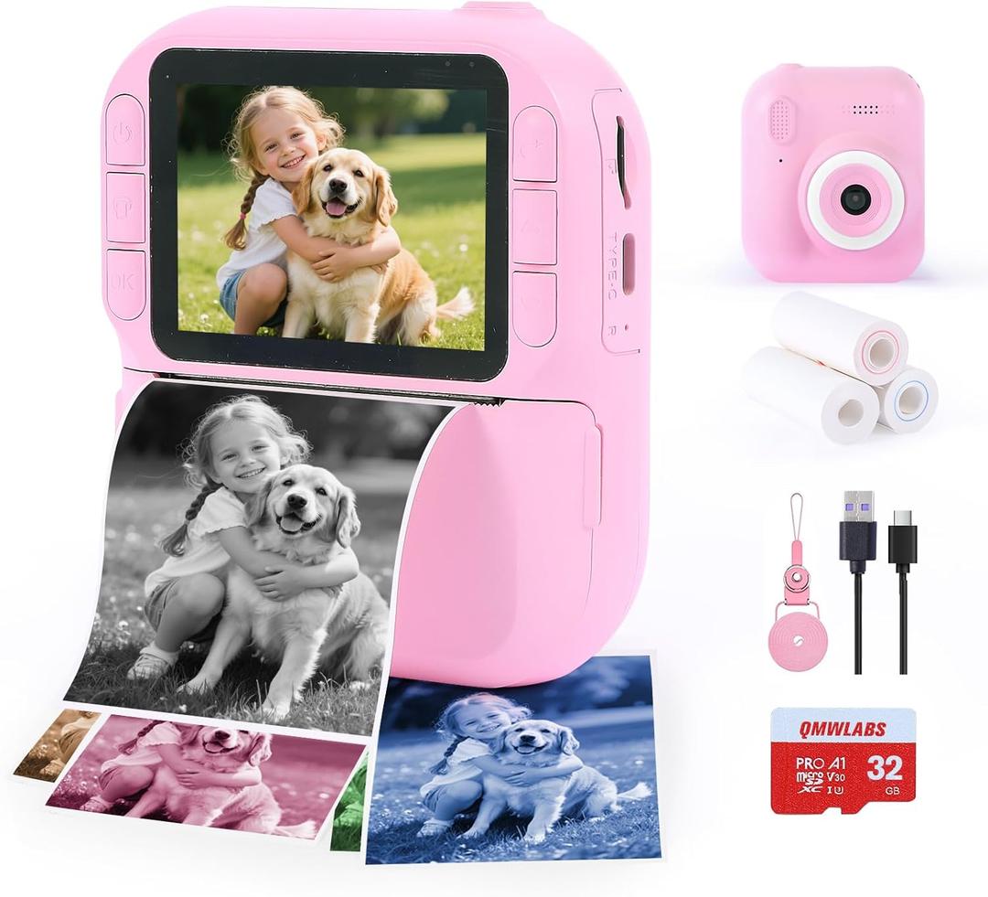 Kids Camera Instant Print – Digital Camera with Thermal Paper, 1080P HD Video, Selfie Lens, 32GB SD Card, MP3 Player, Games – Cool Birthday Gift for Boys & Girls Ages 3-12 (Pink)