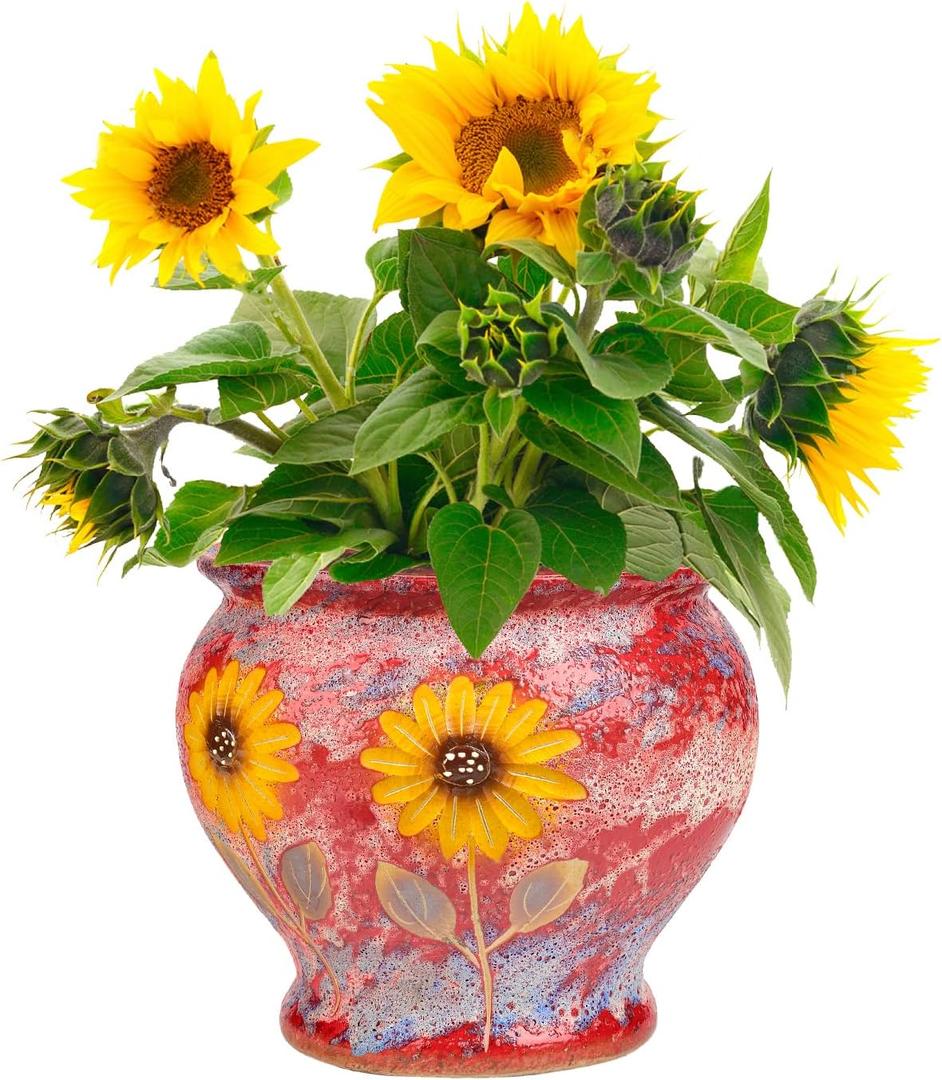 Sungmor Ceramic Hand Painted Succulent Flower Pots, 9 Inch Large Pottery Pots for Indoor Outdoor Plants, Decorative Ceramic Vase for Flower Arrangement Home Decor, Vintage Centerpieces Flowerpot (Red & Daisy (Dia.: 9inch & H: 8inch))