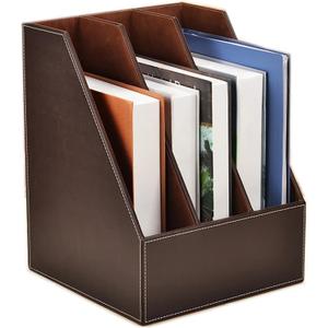 3 Tier Leather Magazine Holder - Vertical File Organizer with PU Leather Cover, Handmade Office Desk Organizer for A4/A3 Documents, Magazines, Books - Coffee (3 slot)
