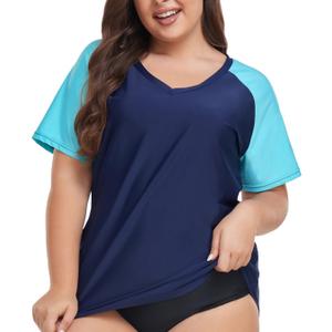 FOREYOND Plus Size Rash Guard Shirt for Women Short Sleeve Swim Top UV UPF 50+ Sun Protection Summer Swim Shirts Swim Suit (XXXL)