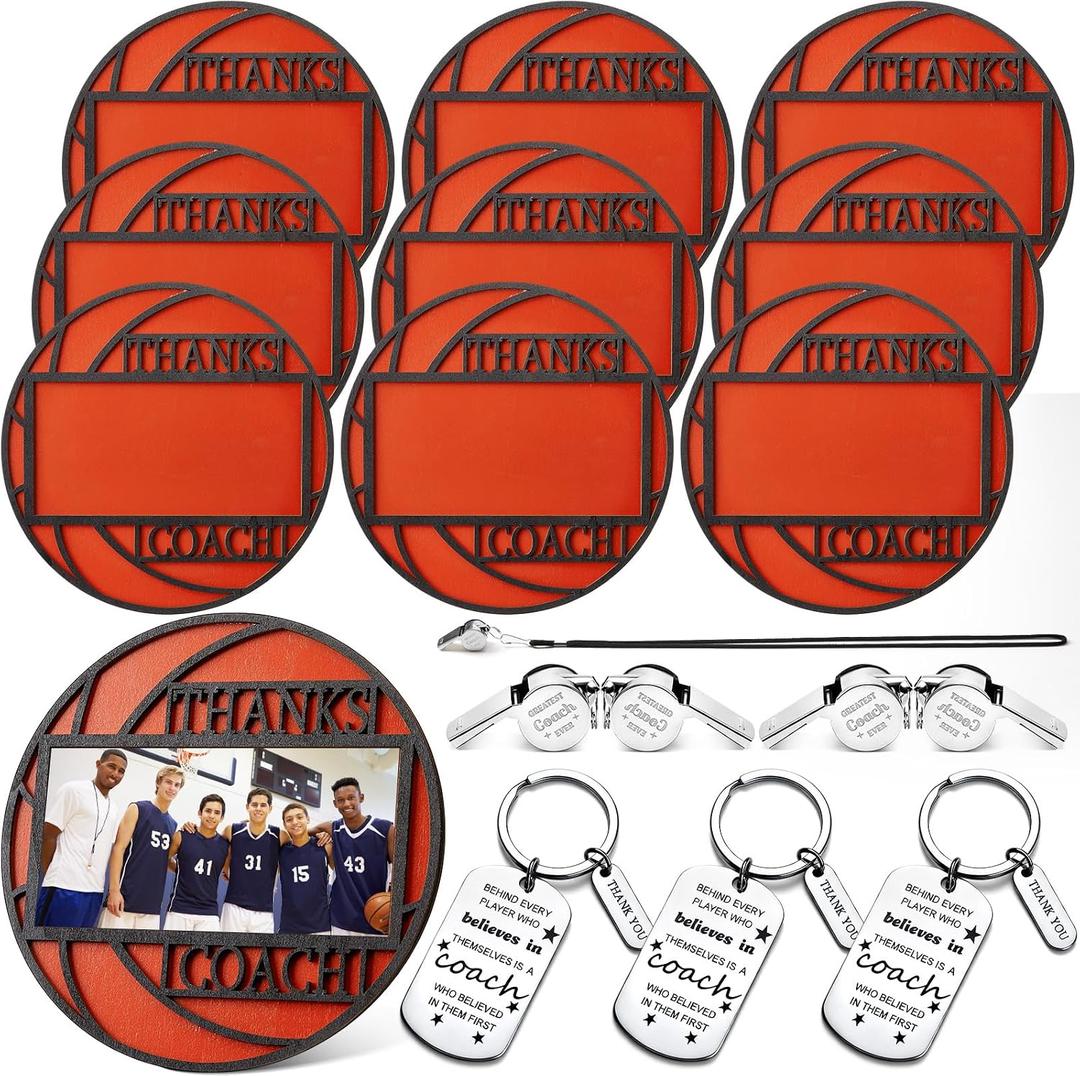 12 Set/36 Pcs Basketball Thanks Coach Gifts Set for Coach Wood Photo Picture Frame Basketball Appreciation Gift Set with Thank You Keychain Silver Whistle for Sport Instructor