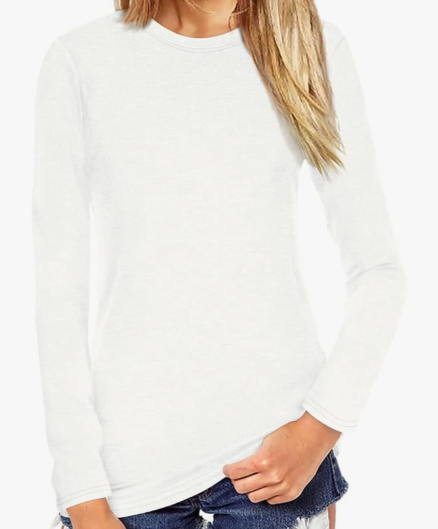 Beluring Women's Shirts Plain Basic Long Sleeve Shirt Round Neck Fitted Tops Blouse (White S)